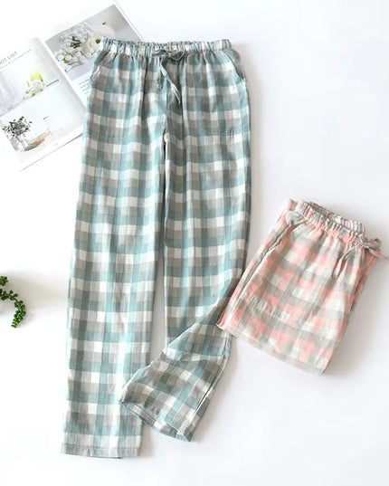 Men'S Cotton Gauze Trousers Plaid Knitted Sleep Pants Woman Pajamas Pants Bottoms Sleepwear Short for Couples Pijama Hombre
