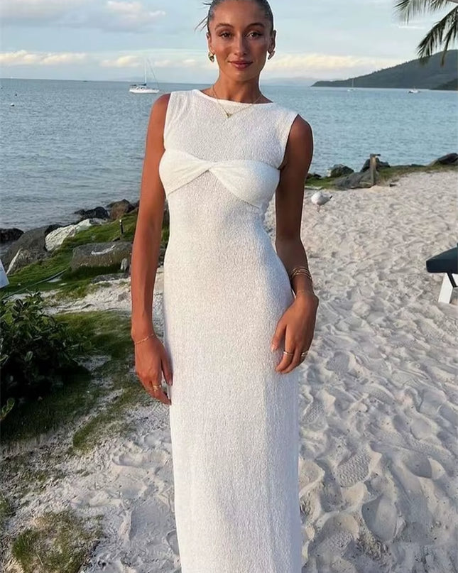 Summer Beach Knit Maxi Dress for Women Cover-Up Pink Sleeveless Twist Sundress Knitwear See-Through Maxi Bodycon Dress New