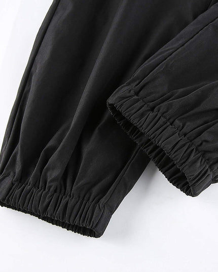 Womens High Waisted Cargo Pants Hollow Punk Pants Pockets Casual Loose Combat Twill Trousers with Belt (Black, L)