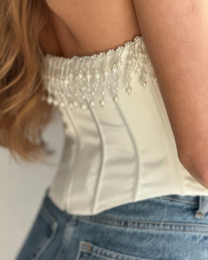 Luxury Strapless Women Cropped Top White Embellished Pearls and Beads Corset Tops Sexy Party Cocktail Clothing