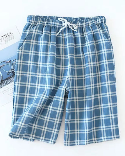 Men'S Cotton Gauze Trousers Plaid Knitted Sleep Pants Woman Pajamas Pants Bottoms Sleepwear Short for Couples Pijama Hombre