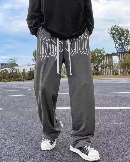 American Style Letter Print Straight Pants for Men High Street Loose Trousers Casual Joggers Hip Hop Drawstring Sweatpants