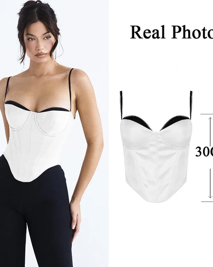 Thick Satin Bustier Corset Crop Top with Chest Pads Spaghetti Strap White Bodycon Top Summer Women Tops with Fishbone