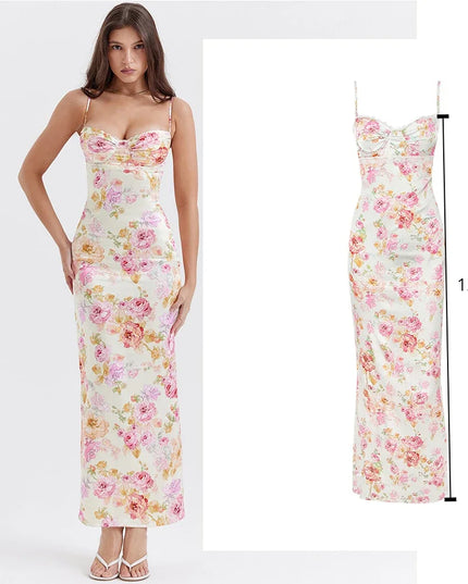 Spaghetti Strap Lace Print Midi Dress for Women Robe Strapless Backless High Waist Bodycon Club Party Long Dress
