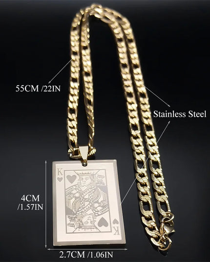 Poker King Spades Hearts K Pendant Necklace for Men Women Stainless Steel Gold Color Hip Hop Punk Necklaces Jewelry N7434S05