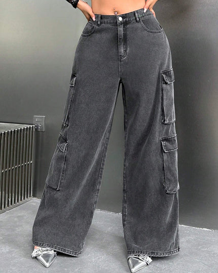 SHEIN ICON Y2K High Waist Black Cargo Pocket plus Size Straight Leg Jeans, Fall Women Clothes