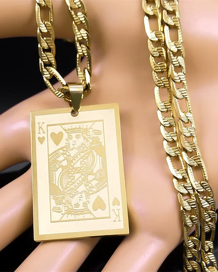 Poker King Spades Hearts K Pendant Necklace for Men Women Stainless Steel Gold Color Hip Hop Punk Necklaces Jewelry N7434S05