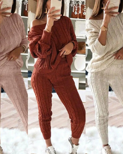 Hot Sale 2 Pieces Women'S Suit Winter Solid Color Knitted Pants Suit Women'S Long-Sleeved Knitted Casual Two-Piece Thick Sweater