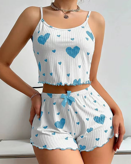 Women'S Pajamas Set Sleepwear 2 PCS Short Tank Tops and Shorts S M L White Ventilate Soft Casual Love Printing
