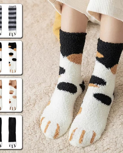 Plush Winter Funny Cute Style Animal Cat Paw Cartoon Pattern Women Cotton Socks Super Soft for Female House Sleeping Floor Sox