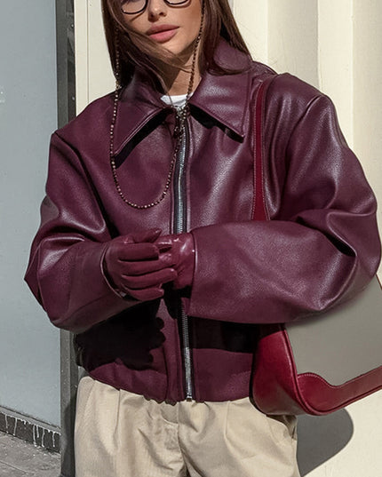 Solid Color Lapel Zipper Jacket Fashion Casual Long Sleeve Leather Coat Tops Women Clothing
