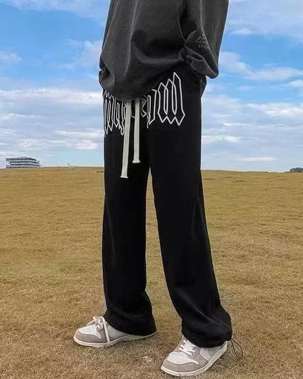 American Style Letter Print Straight Pants for Men High Street Loose Trousers Casual Joggers Hip Hop Drawstring Sweatpants