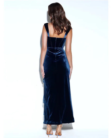 Mingmingxi Wedding Guest Dresses for Women 2023 Autumn Maxi Velvet Dress Sexy Split Blue Bodycon Evening Party Dress Elegant