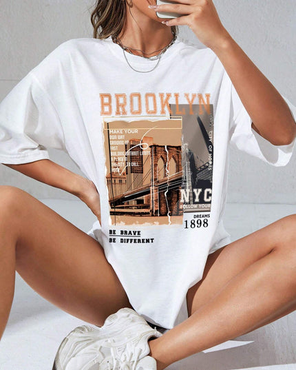 INAWLY Street View and Slogan Graphic Drop Shoulder Tee MAKE YOUR OWN WAY GROWING up FAST BUILDING without LIMITS a PLACE in the CITY to CALL HOME CITY of HOMES NYC FOLLOW YOUR DREAMS 1898 the Brooklyn Bridge Is a Famous Sight in New York BE BRAVE BE DIFFERENT Graphic Tees Women Tops