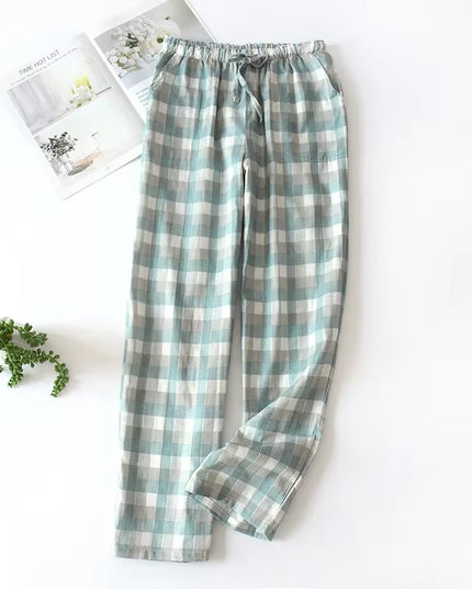 Men'S Cotton Gauze Trousers Plaid Knitted Sleep Pants Woman Pajamas Pants Bottoms Sleepwear Short for Couples Pijama Hombre
