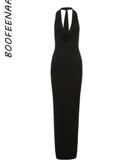 Women's Elegant Floral-Applique Halter Backless Maxi Dress - Summer Party Wear 2024 C83-CE37