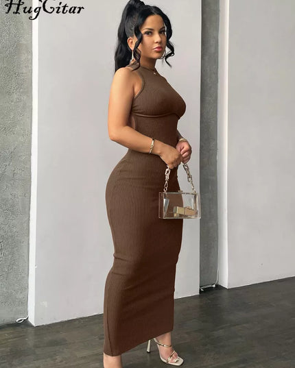 Ribbed Solid Hollow Out Backless Sleeveless Sexy Slit Mini Dress Bodycon 2025 Spring Women Outfits Elegant Party Y2K
