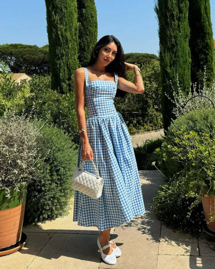Summer Elegant and Beautiful Women Dresses 2024 Midi Blue and White Plaid Dress with Pocket Female Vacation Dress