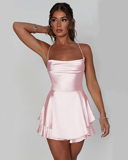 Sexy Suspender Skirt for Women Elegant Slim Strap Satin Backless Lace up A-Line Short Dress Lady
