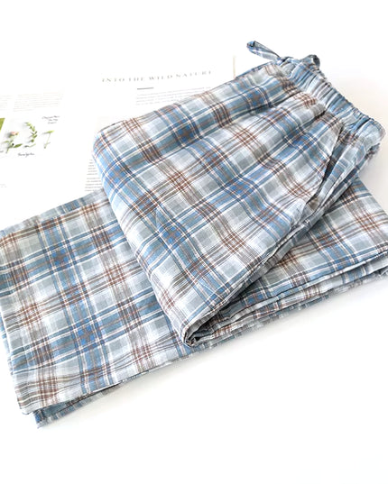 Men'S Cotton Gauze Trousers Plaid Knitted Sleep Pants Woman Pajamas Pants Bottoms Sleepwear Short for Couples Pijama Hombre