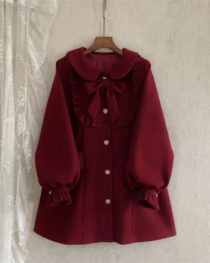 Winter Women'S Woolen Coat Japanese Lolita Style Sweet Kawai Bow A-Line Loose Jackets Female Elegant Fall Korean Fashion Outwear