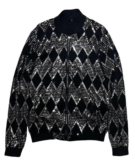 Sequin Diamond Bomber Jackets for Men Silver Plaid Fashion Streetwear Hip Hop Windbreaker Coat Nightclub Singer Stage Costume