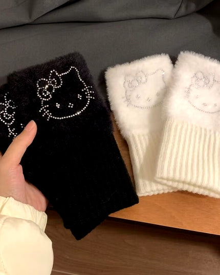 Hello Kitty Half Finger Gloves for Women Fashion Winter Warm Soft Knitting Gloves Casual Cartoon Fingerless Mitten Gifts