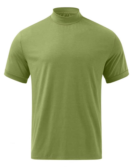 Men T-Shirt Solid Color High Neck Men Top Sweat Absorption Dress-Up Fitness Top Summer Short Sleeve Male Shirt Top for Men
