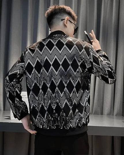 Sequin Diamond Bomber Jackets for Men Silver Plaid Fashion Streetwear Hip Hop Windbreaker Coat Nightclub Singer Stage Costume