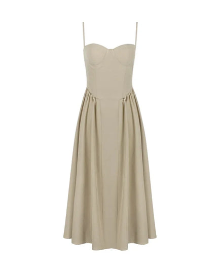 Summer Elegant Midi Spaghetti Strap Dresses Slim V Neck a Line Party Dress Khaki Casual Dress Women'S Clothing