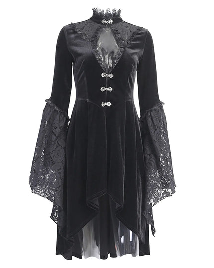 Women Gothic Lace Dress V Neck Hollow Out Flare Long Sleeve Dress Halloween Cosplay Costume Masquerade Party Dress up Vestidos