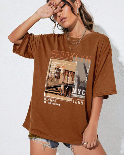 INAWLY Street View and Slogan Graphic Drop Shoulder Tee MAKE YOUR OWN WAY GROWING up FAST BUILDING without LIMITS a PLACE in the CITY to CALL HOME CITY of HOMES NYC FOLLOW YOUR DREAMS 1898 the Brooklyn Bridge Is a Famous Sight in New York BE BRAVE BE DIFFERENT Graphic Tees Women Tops