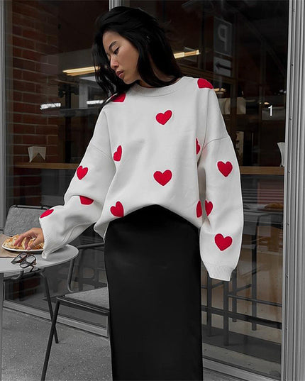 Long Sleeve Loose Heart-Shaped round Neck Sweater for Women Autumn and Winter