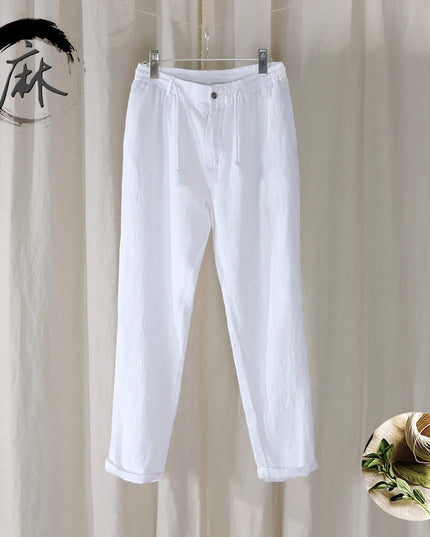 New Design Casual 100% Linen Long Pants Men Solid Fashion Brand Trousers for Men Elastic Waist Pantalones Pantaloni Un Pantalon