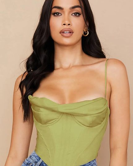 Thick Satin Bustier Corset Crop Top with Chest Pads Spaghetti Strap White Bodycon Top Summer Women Tops with Fishbone