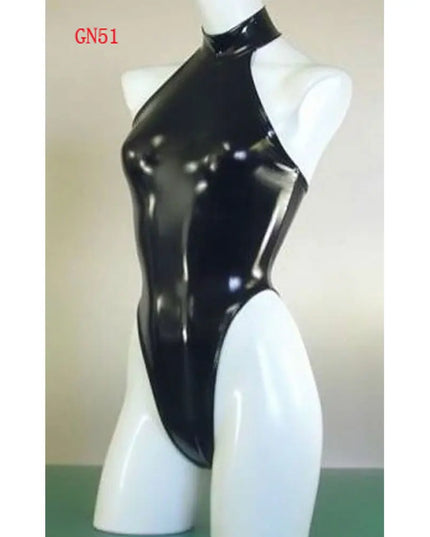 Sexy High Cut Swimsuit High Neck Halter Bodysuit Black One Piece Swimwear Body Suit Latex Catsuit Sexy Night Club Dance Wear