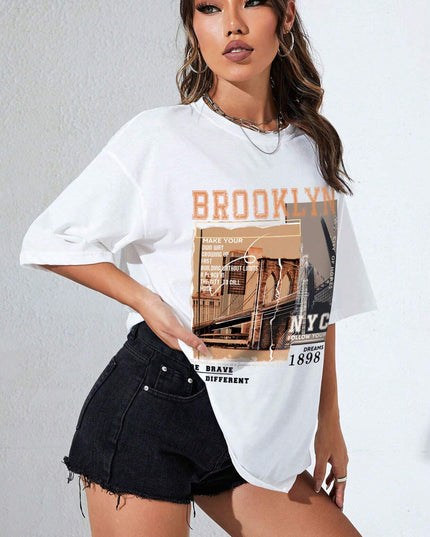INAWLY Street View and Slogan Graphic Drop Shoulder Tee MAKE YOUR OWN WAY GROWING up FAST BUILDING without LIMITS a PLACE in the CITY to CALL HOME CITY of HOMES NYC FOLLOW YOUR DREAMS 1898 the Brooklyn Bridge Is a Famous Sight in New York BE BRAVE BE DIFFERENT Graphic Tees Women Tops