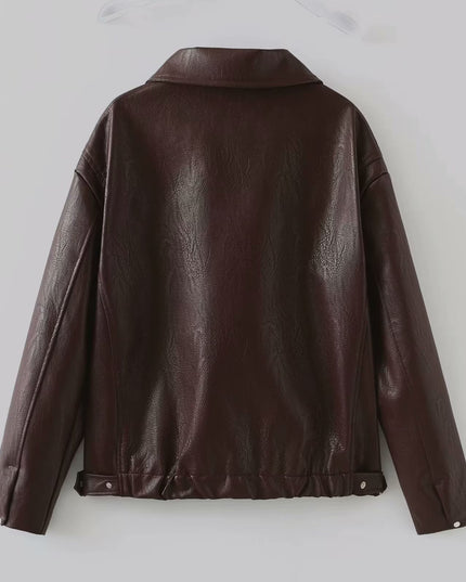 Solid Color Lapel Zipper Jacket Fashion Casual Long Sleeve Leather Coat Tops Women Clothing