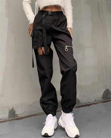 Womens High Waisted Cargo Pants Hollow Punk Pants Pockets Casual Loose Combat Twill Trousers with Belt (Black, L)