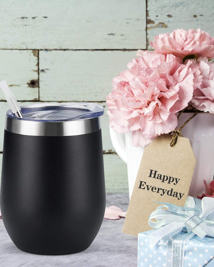 Stainless Steel Wine Tumbler 12Oz, Double Wall Vacuum Insulated Wine Tumbler with Lid and Straw, Stainless Steel Stemless Wine Glass for Wine, Coffee, Cocktails, Champaign, Ice Cream, Black