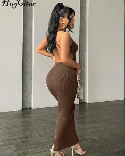 Ribbed Solid Hollow Out Backless Sleeveless Sexy Slit Mini Dress Bodycon 2025 Spring Women Outfits Elegant Party Y2K