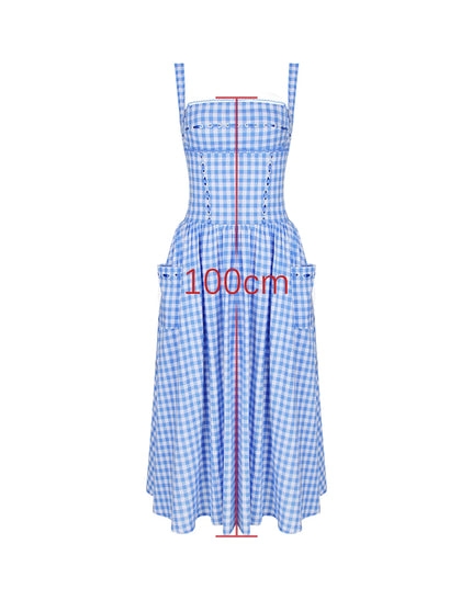 Summer Elegant and Beautiful Women Dresses 2024 Midi Blue and White Plaid Dress with Pocket Female Vacation Dress