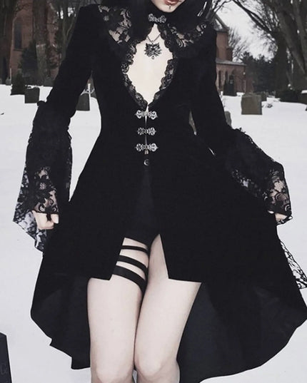 Women Gothic Lace Dress V Neck Hollow Out Flare Long Sleeve Dress Halloween Cosplay Costume Masquerade Party Dress up Vestidos