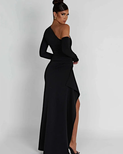 Oblique Shoulder Thigh High Split Maxi Dress Women Long Sleeve Backless Bodycon Sexy Club Party Long Dress Vestidos