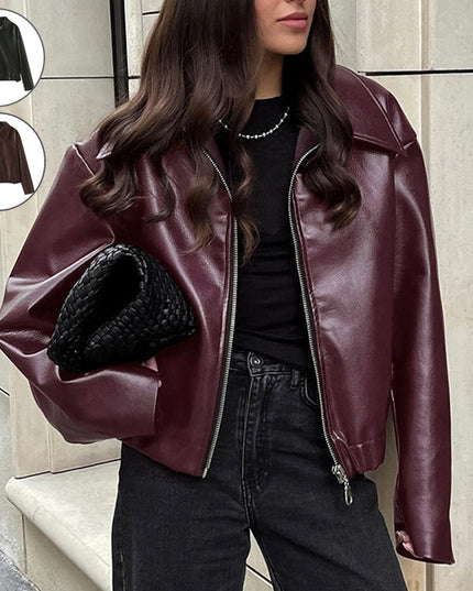 Solid Color Lapel Zipper Jacket Fashion Casual Long Sleeve Leather Coat Tops Women Clothing