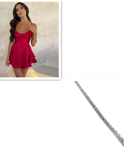 Sexy Suspender Skirt for Women Elegant Slim Strap Satin Backless Lace up A-Line Short Dress Lady