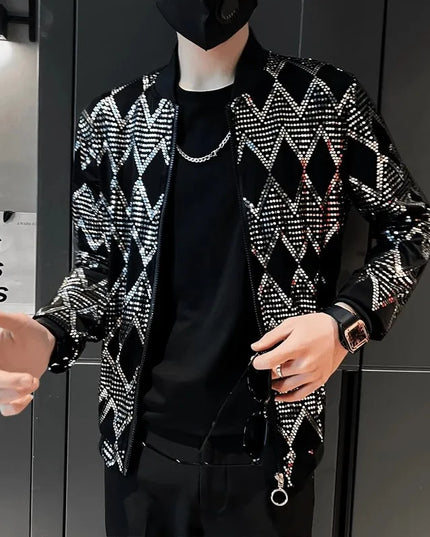 Sequin Diamond Bomber Jackets for Men Silver Plaid Fashion Streetwear Hip Hop Windbreaker Coat Nightclub Singer Stage Costume