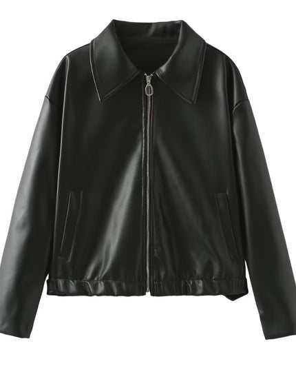 Solid Color Lapel Zipper Jacket Fashion Casual Long Sleeve Leather Coat Tops Women Clothing