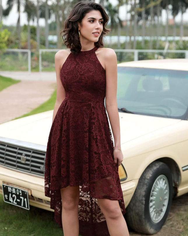 Women Halter Lace Wedding Guest Dress Hi-Lo Cocktail Party Bridesmaid Formal Dresses
