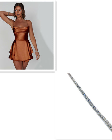 Sexy Suspender Skirt for Women Elegant Slim Strap Satin Backless Lace up A-Line Short Dress Lady